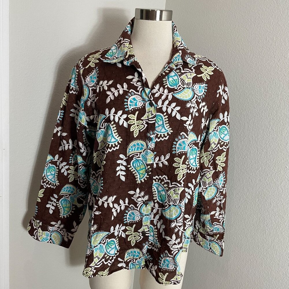 Foxcroft Womens Plus 14W Shaped Fit Brown Floral‎ Button Up Blouse Shirt Top
